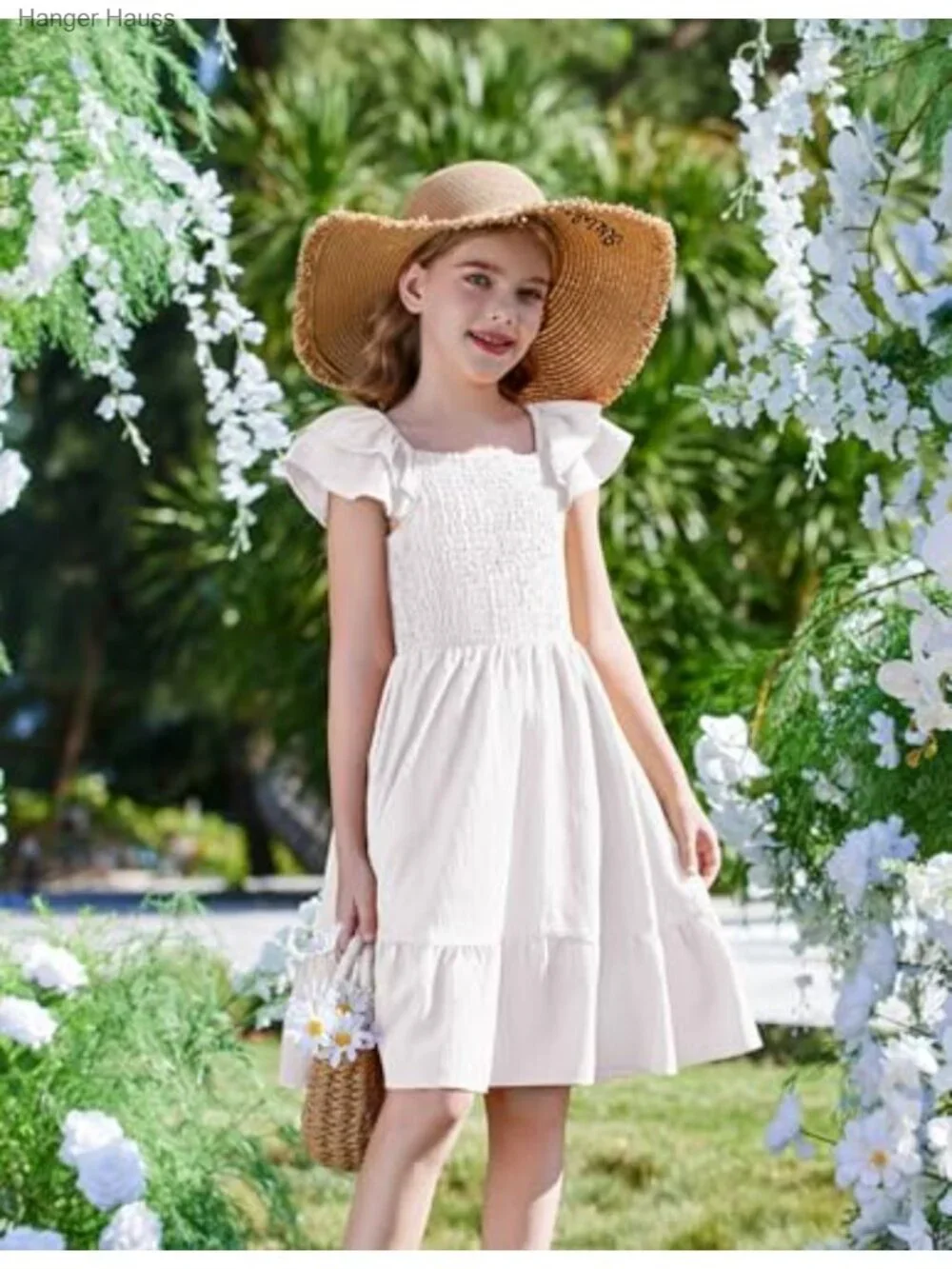 Girls Ruffle Sleeve Off Shoulder Sundress Pockets Summer Casual